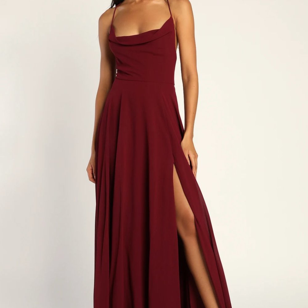 Romantically Speaking Burgundy Cowl Lace-Up Maxi Dress